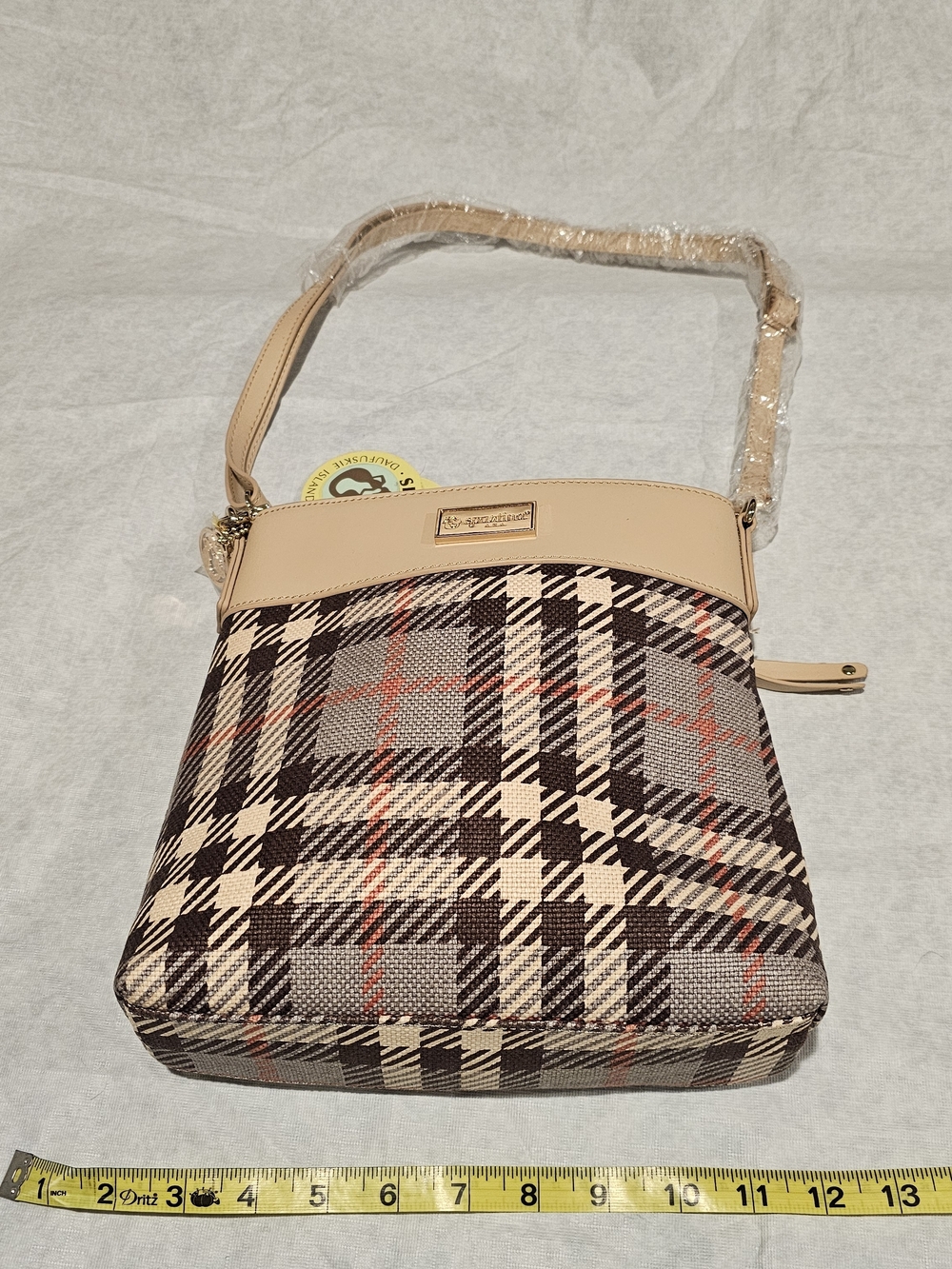 Spartina 449 Plaid Crossbody with Tan Trim and Red Accents